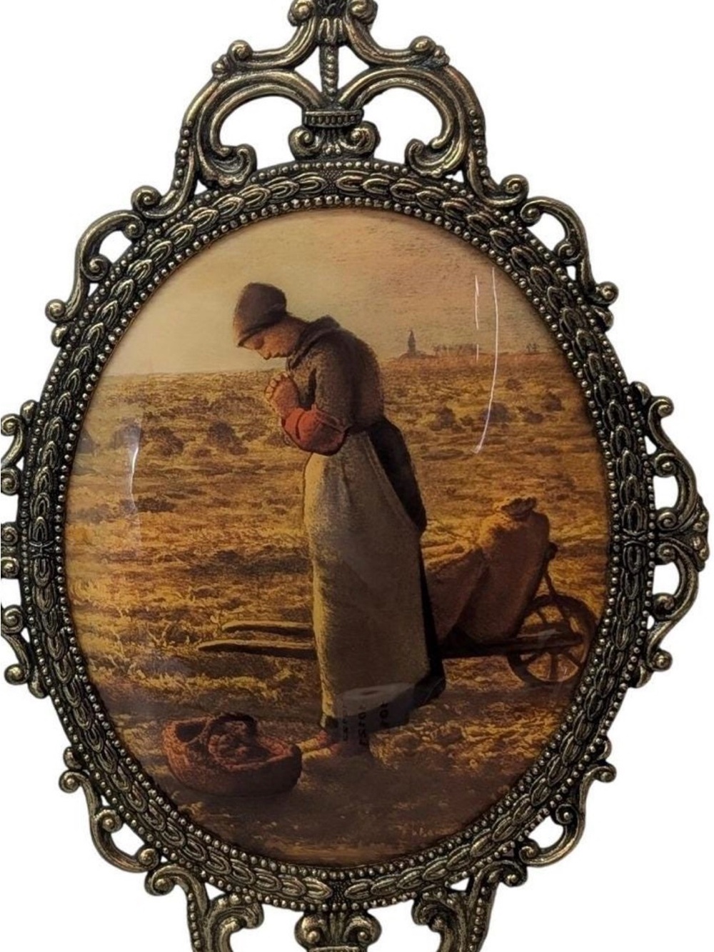 Vintage French art Ornate Bronze-Tone Oval Framed Print in Gold and Brown
